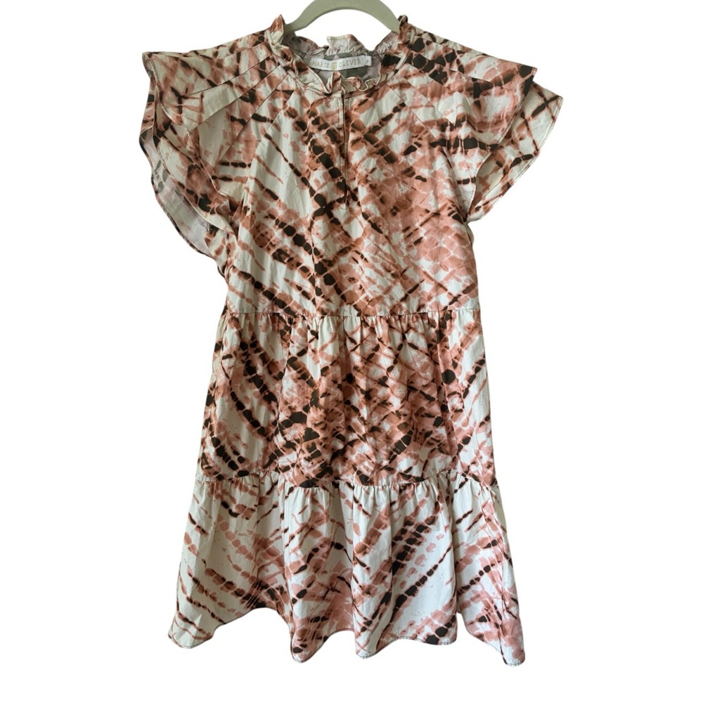 MARIE OLIVER Sema Tiered Mini Dress XS Pink Brown Tie Dye Ruffle Sleeve - Picture 2 of 6